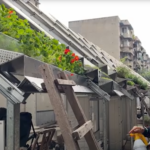 Een oudere vrouw staat bij een verticale tuin, die wordt ondersteund door metalen structuren die aan een schuin dak zijn bevestigd. De tuin heeft groene planten met wat bloemen. Ze houdt een spuitfles vast en kijkt omhoog naar de planten. Op de achtergrond staan stedelijke gebouwen.