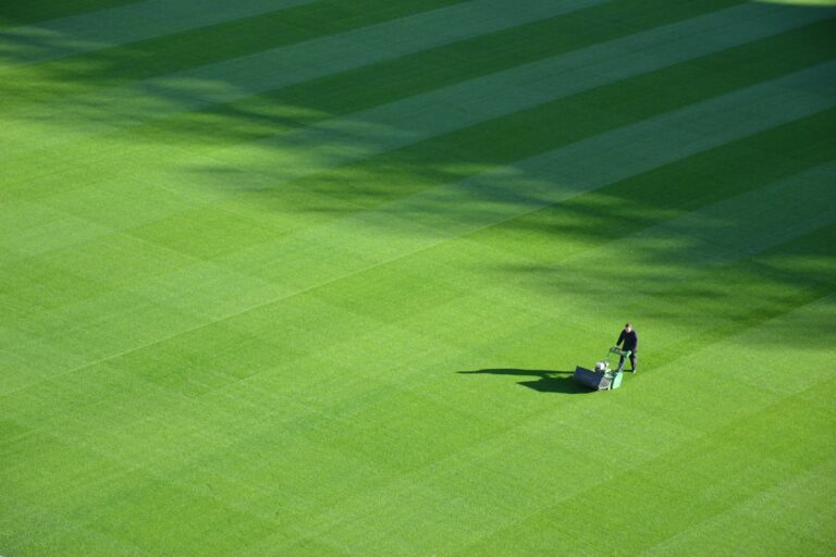 Iemand duwt een grasmaaier over een groot, netjes gestreept groen veld, waarbij schaduwen diagonale patronen op het gras creëren.